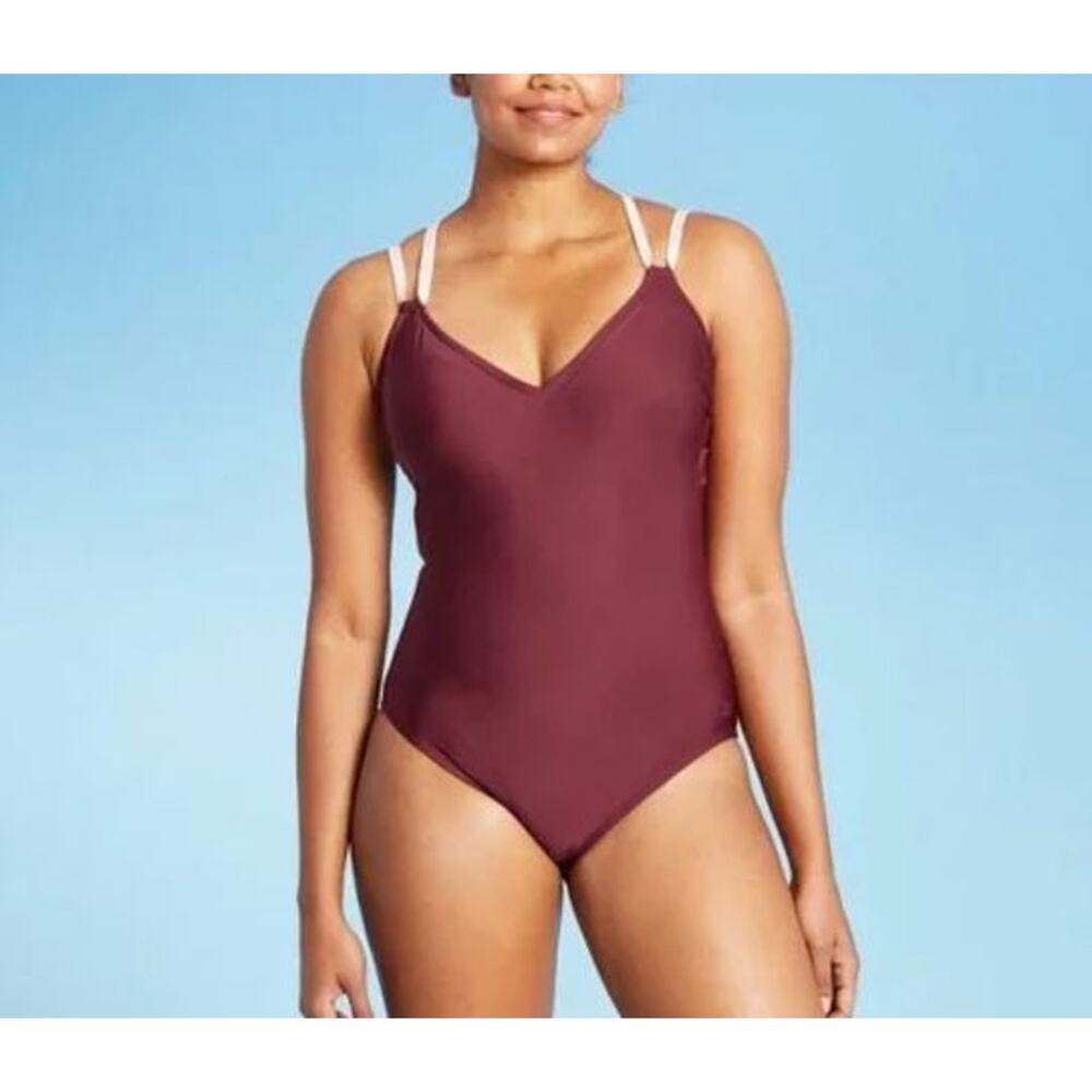All in Motion Womens V-Neck One Piece Swimsuit Spaghetti Strap Size M Burgundy